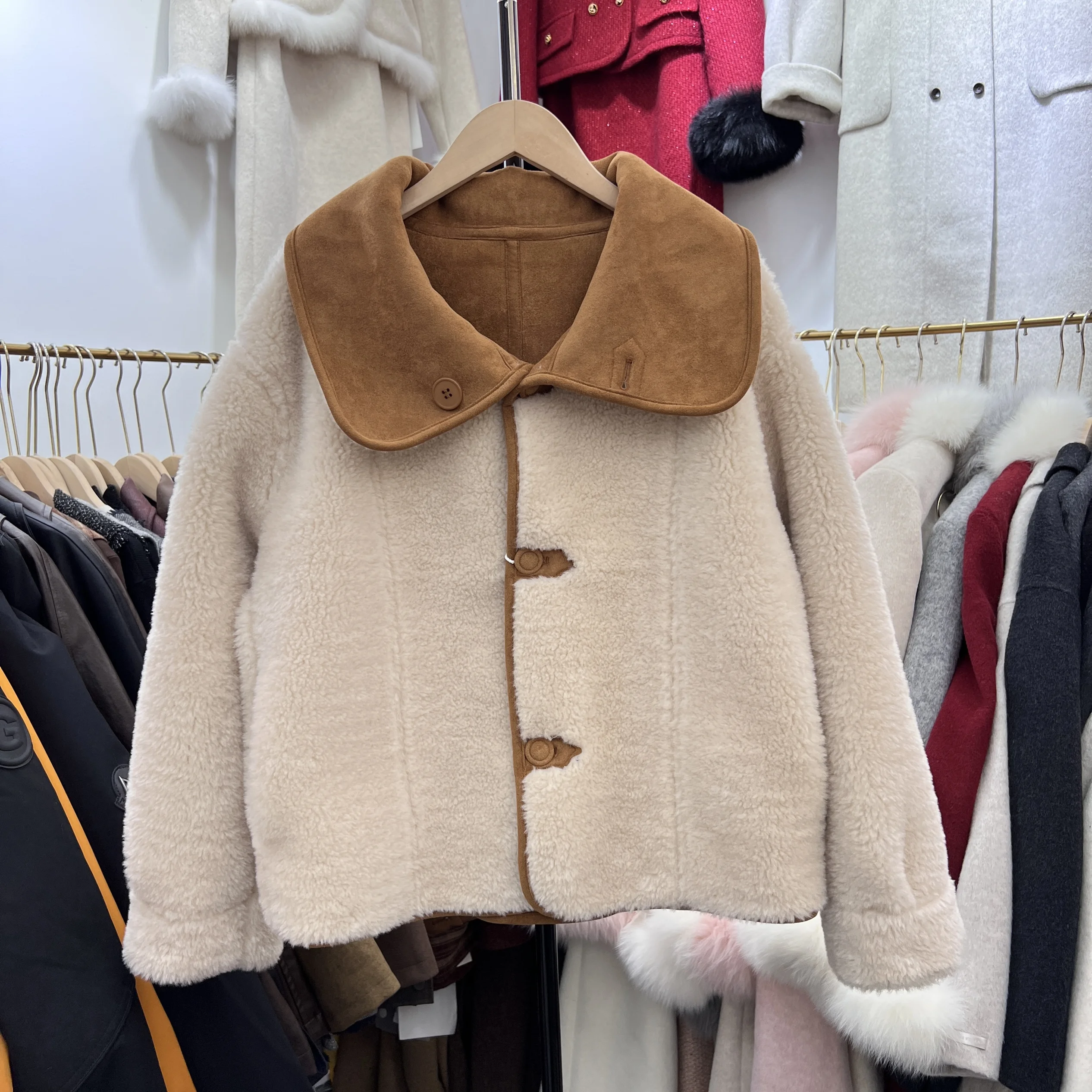 Lapel Double-sided Wear Lamb Wool Outerwear Women Winter Loose Thick Short Suede Fur Fashion