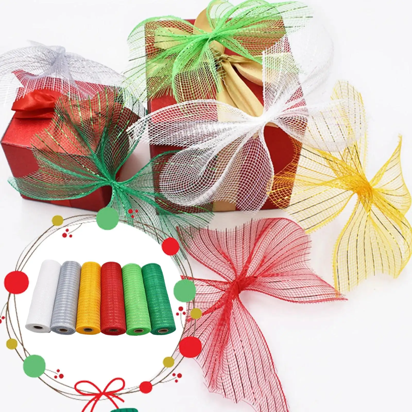 

6x 10 Inches x 30 Feet Mesh Ribbon Deco Metallic Foil Rolls Trim Wrapping Ribbon for Wreath Supplies Harvest Halloween Sewing