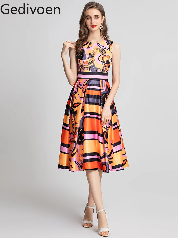 

Gedivoen Fashion Designer dress Summer Women's Dress O Neck Sleeveless Beading Stripe Printed High waist Vintage Dresses