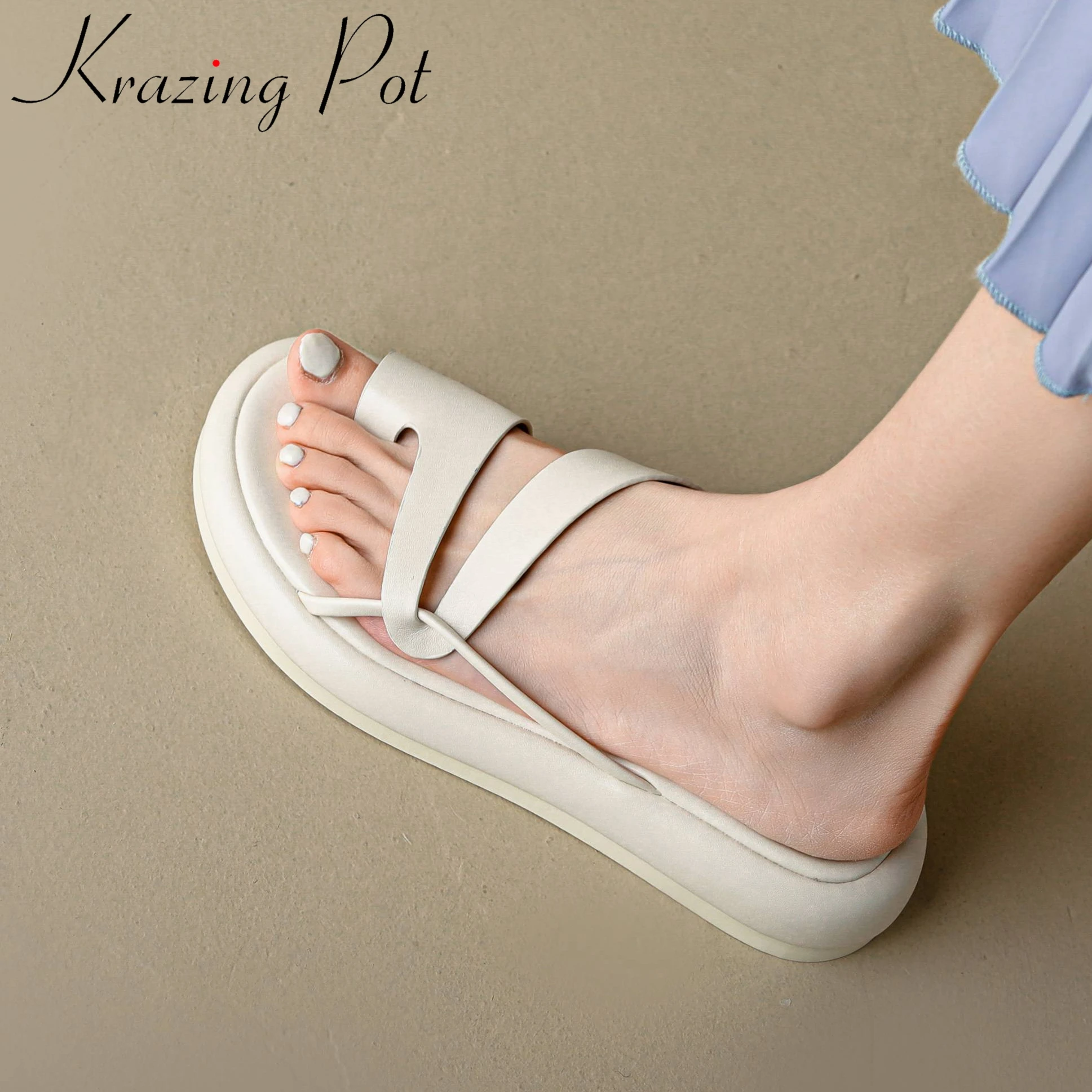 Krazing Pot-Chanclas de cuero Natural para mujer, zapatillas de suela gruesa con plataforma, estilo Simple, para uso diario, básicas, para exteriores, L55