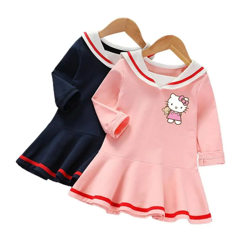 

Kawaii Anime Hellokittys Sanrioed Clothes Cartoon Cute Cat Long-Sleeved Dress Pure Cotton Girls Skirt Spring Clothing Girls Gift