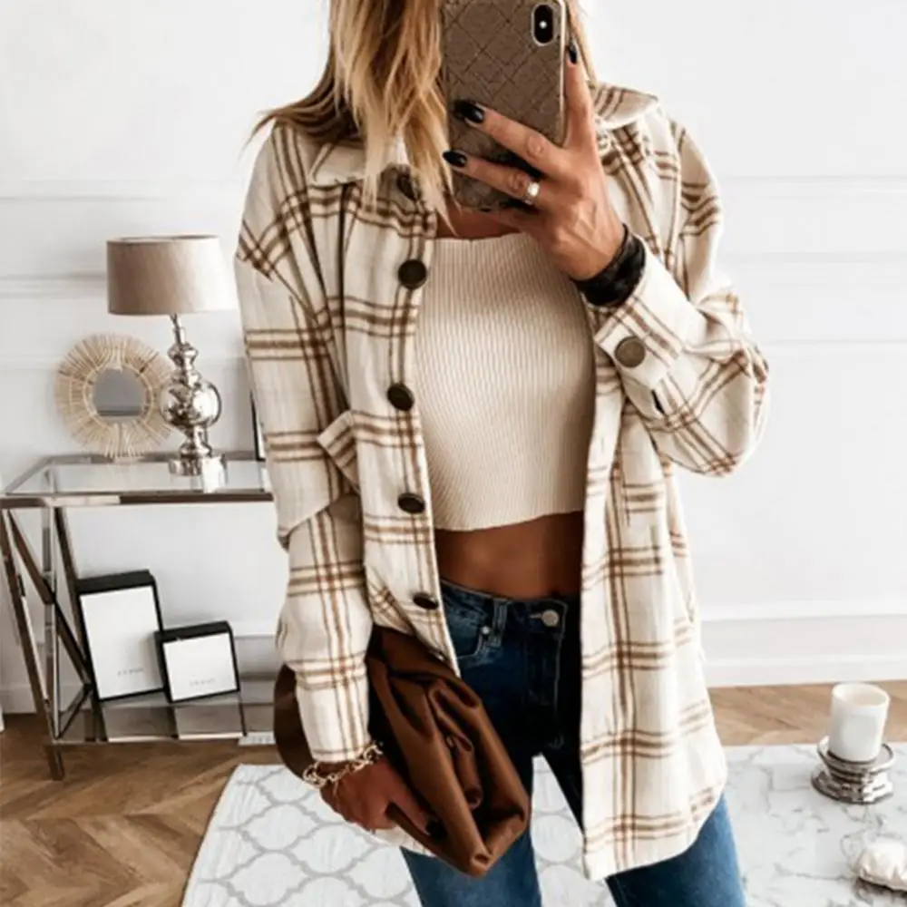 

Long Coat Stylish Jacket Turn Down Collar Buttons Pockets Women Plaid Shirt Coat