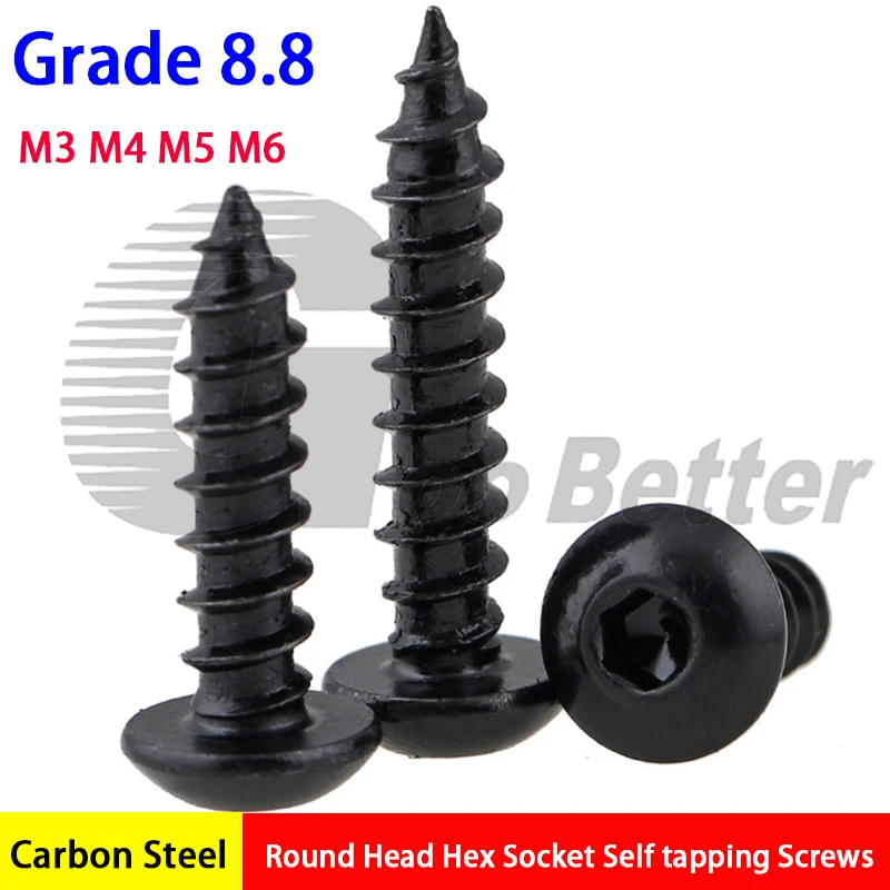 

Grade 8.8 Black Round Head Hex Socket Self tapping Screws M3 M4 M5 M6 Hexagon Allen Wood Screw Length 6-40mm