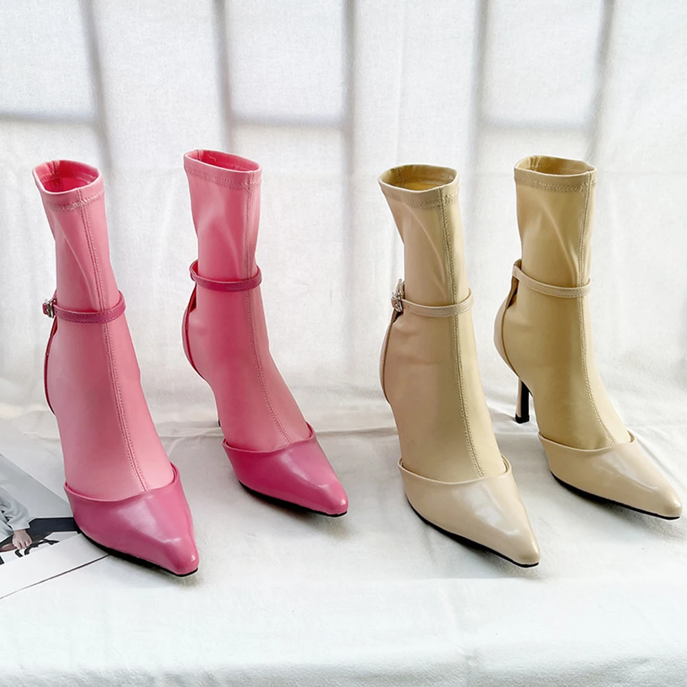 

Pink Beige Black Brown Women Chelsea Booties Pointed Toe Stretch Shoes Sock Boots Belt Decoration Thin High Heels Slip On Sexy