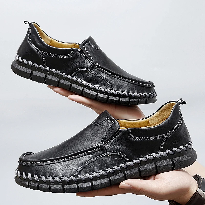

High Quality Men's Genuine Leather Casual Shoes Flats Breathable Shallow Slip on Walking Shoes for Men Soft Sole Driving Shoes