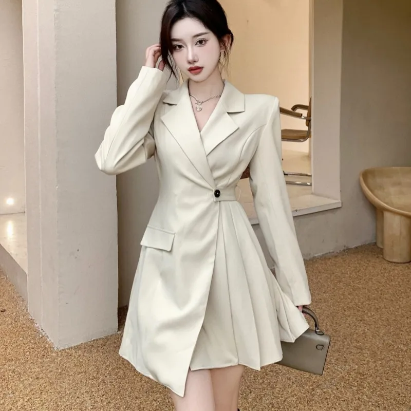 

2022 Spring Elegant Women Dresses Full Sleeve Slim Waist A-line Pleated Casual Dress Vestidos