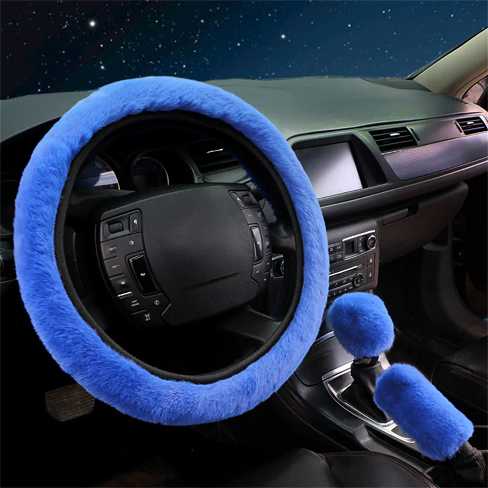 

3Pcs Soft Warm Plush Steering Wheel Cover+Gear Shift Cover+Handbrake Cover Set Winter Fluffy Car Accessories Pink Blue Purple