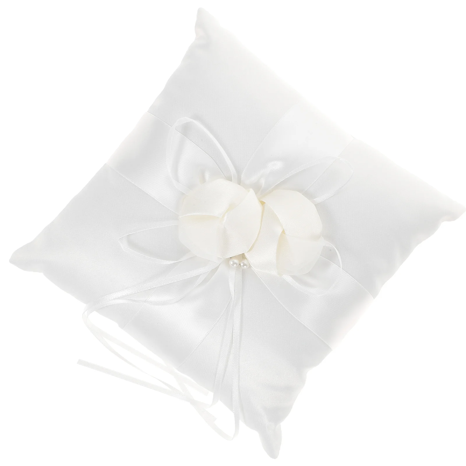 

20*20cm Lovely Flower Buds & Faux Pearls Decor Bridal Wedding Ceramony Pocket Ring Pillow Cushion Bearer with Ribbons (White)