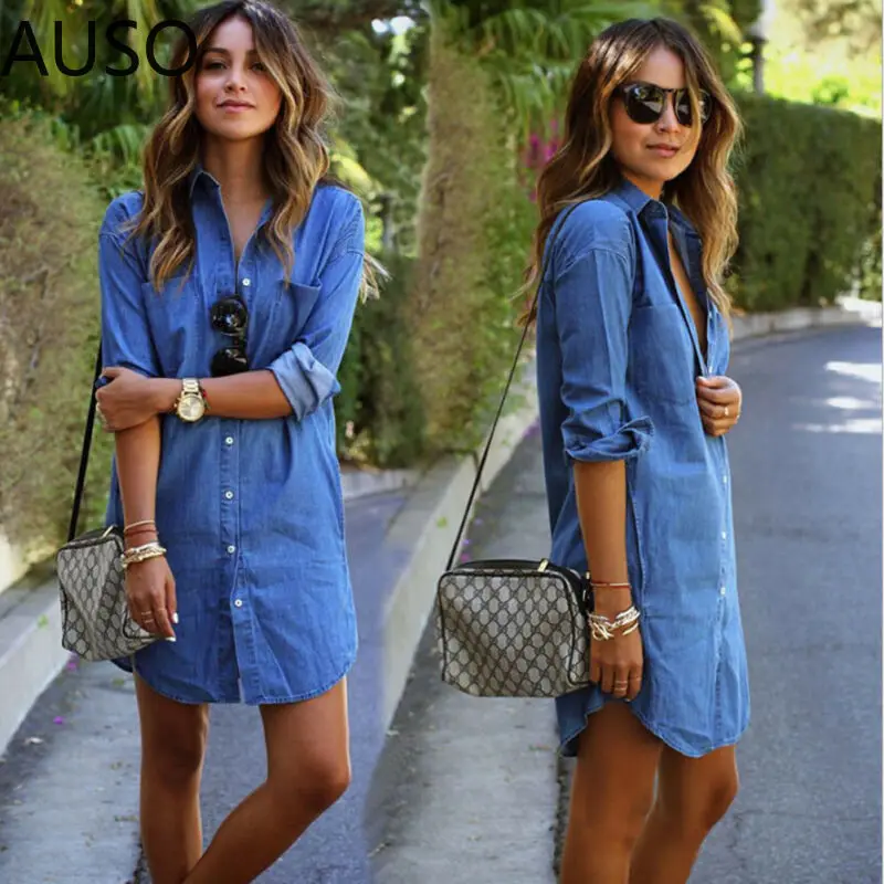 

Womens Blue Jeans Denim Shirt Long Sleeve Casual Loose Shirt Mini Dress New