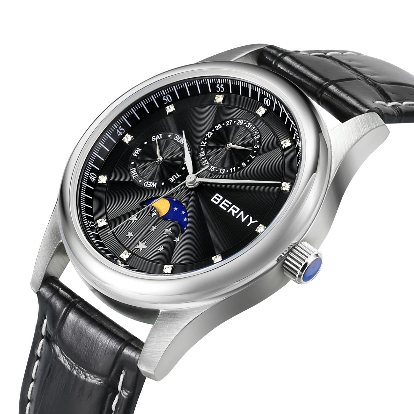 Enlarge BERNY Quartz Couple Watch Sapphire 34/38mm Dial Diamond Moon phase Calendar Wristwatch Day-Date Dial Blued-steel hand Wristwatch