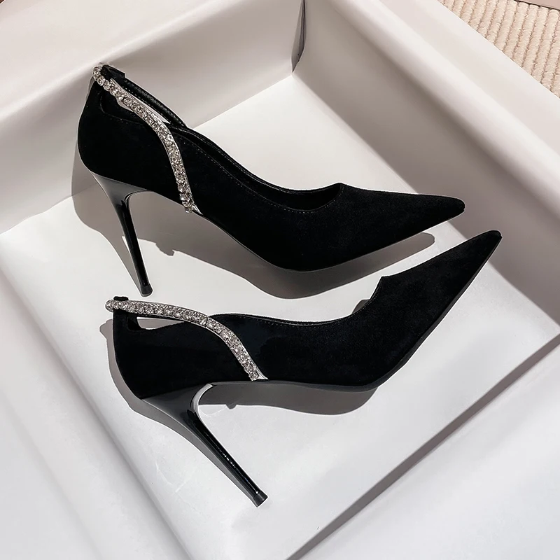 Новые туфли-лодочки с кристаллами на тонком каблуке, женские весенние туфли-лодочки без шнуровки из флока на высоком каблуке, женская обувь с острым носком, искусственная зеленая обувь