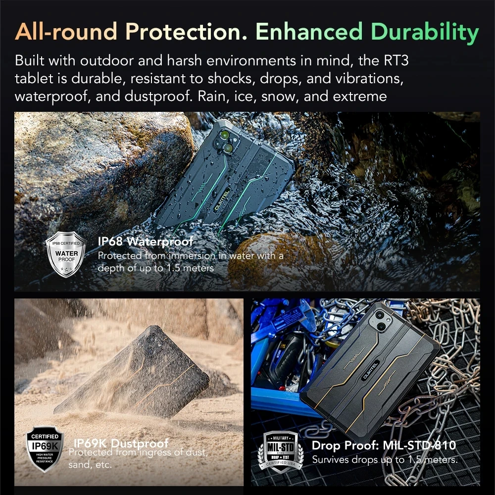 OUKITEL RT3 Mini Rugged Tablet 8 Inch HD Display 4GB+64GB Android 12 Tablets Helio P22 Octa Core 16MP Camera 5150mAh Battery Pad