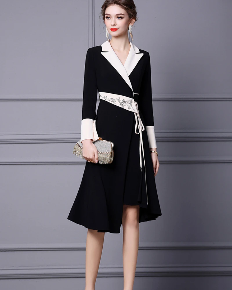 

Long Sleeve Midi Party Robe Femme Elegant Designer Luxury Diamonds Asymmetrical Dress for Ladies Office Spring Woman Vestidos