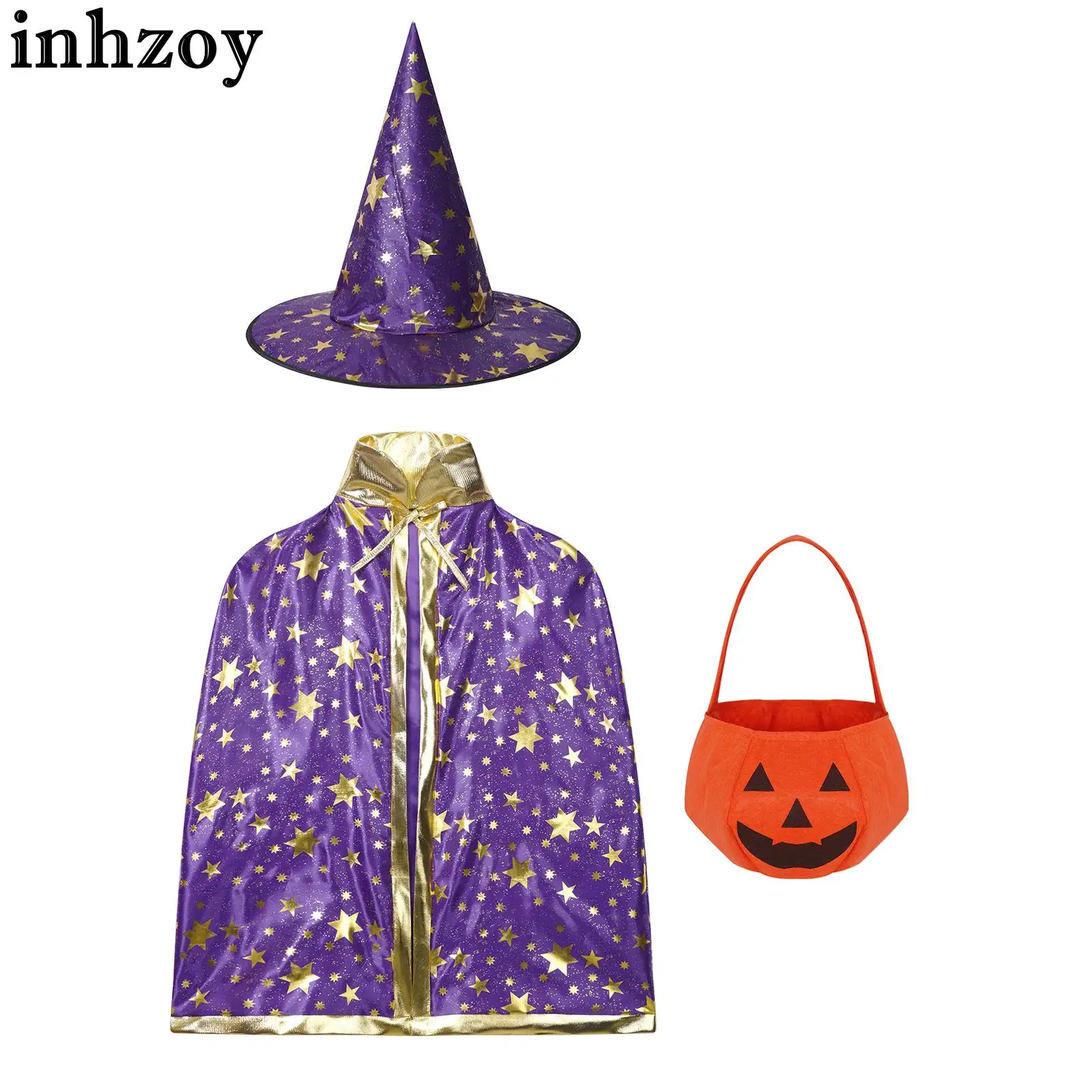 

Детская Женская Хэллоуин ведьма дневная плаща с заостренной шляпой и сумкой в виде тыквы комплект одежды для косплея искусственный костюм для представлений наряд