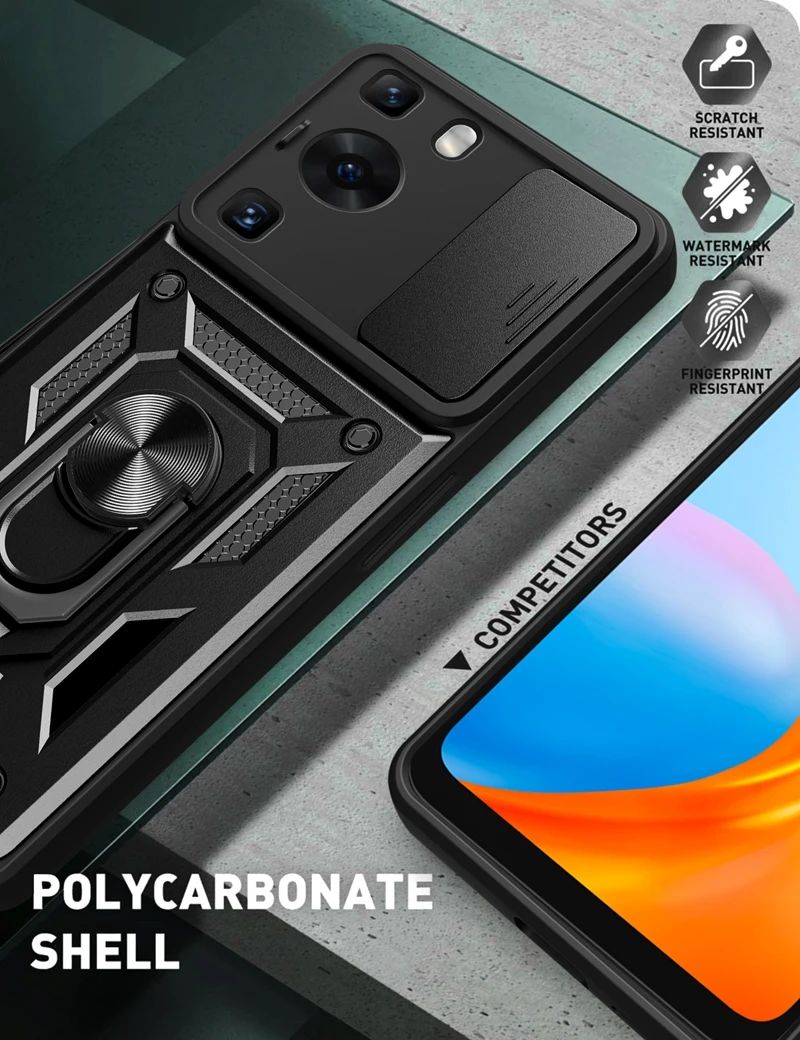 Фото Чехол для Huawei P60 Pro 4G, противоударный бронированный чехол с кольцом, подставкой, бампером, силиконовые чехлы для Huawei P60 P 60 P60Pro 4G, задняя крышка с скользящим объективом №3
