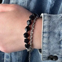 stainless steel cuban chain faceted black onyx stone mens bead bracelet natural stone mens jewellery dropshipping