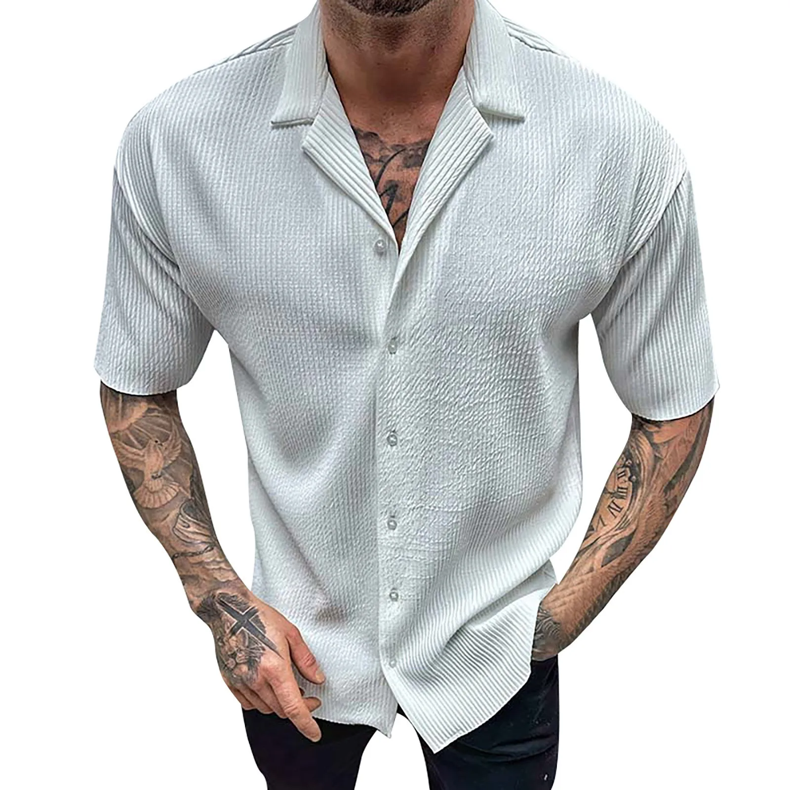 

Short Sleeve Athletic Top Men's Fashion Trend Solid Color Turn Down Collar Work Casual Shirts 2023 Summer Loose Handsome Blouse
