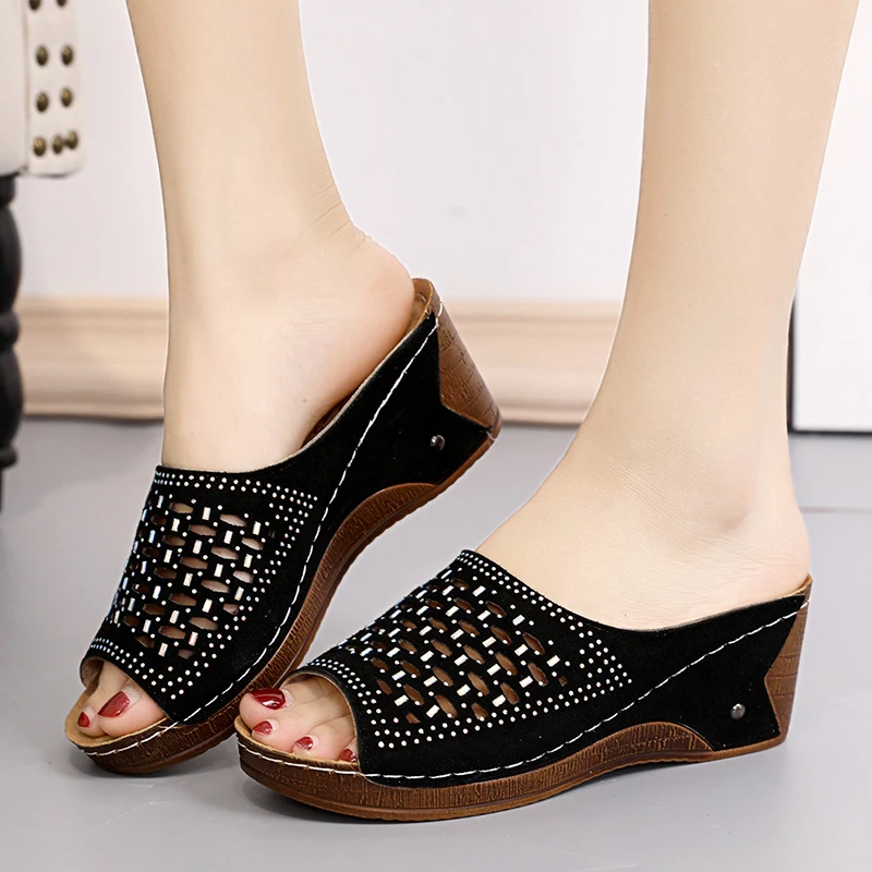 

Сандалии на танкетке женские, пляжные туфли с открытым носком, на толстой подошве, элегантные босоножки, повседневная обувь на танкетке