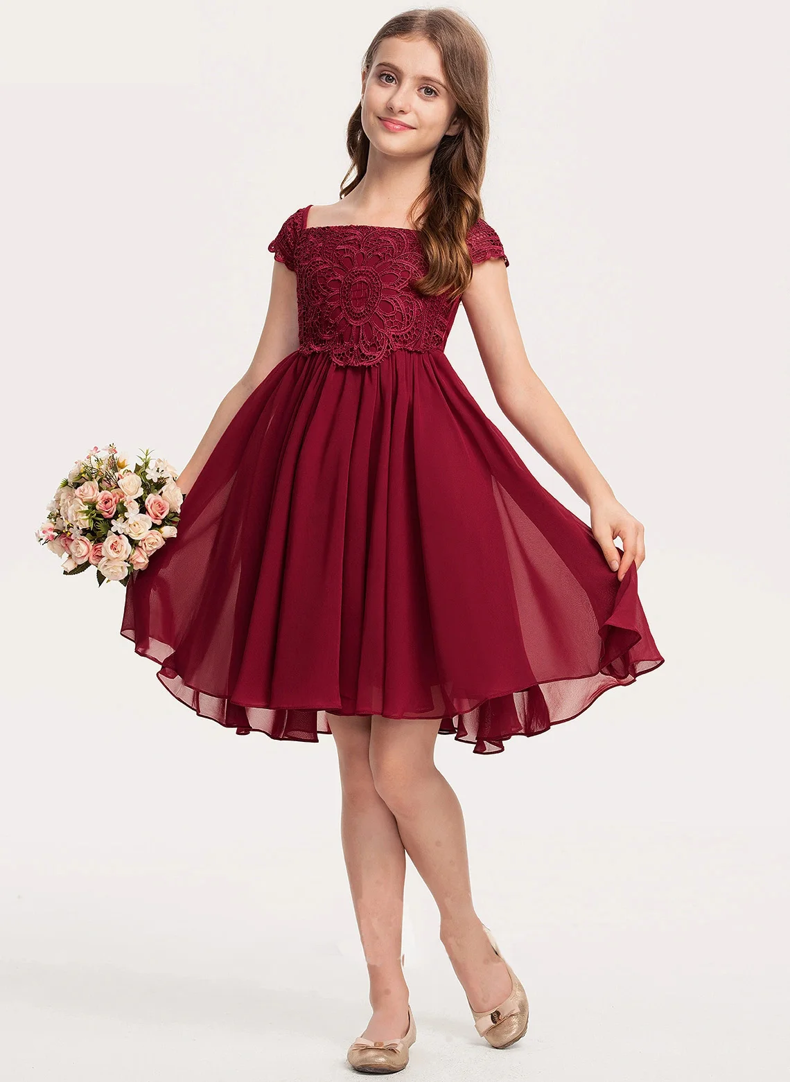 

YZYmanualroom Junior Bridesmaid Dress A Line Off the Shoulder Knee Length Chiffon Lace With Bow Pageant Evening Dresses