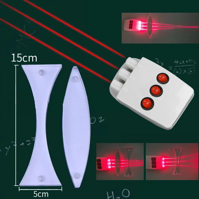 

Набор оптических экспериментов, выпуклые линзы, вогнутые линзы, три линии, полупроводниковый лазер, источник света, физика