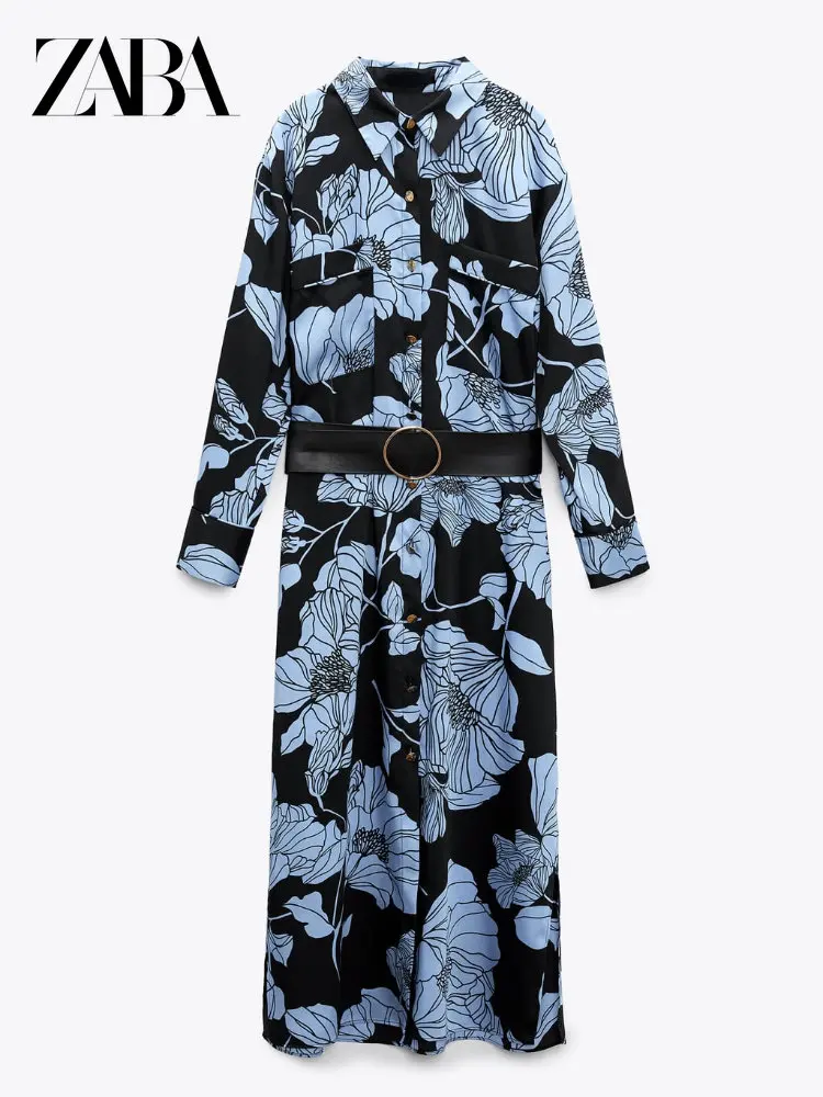 

ZABA Autumn Winter Women Lapel Long-sleeved Belted Decorative Dress Floral Print Waist Dress Long-sleeved Shirt-style Midi Dress