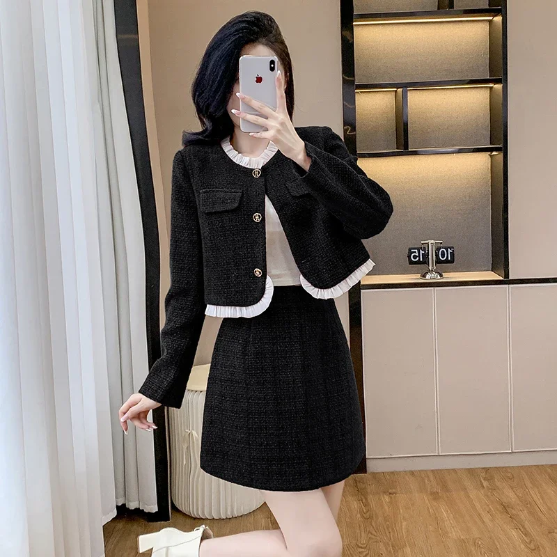 Новый осенне-зимний женский элегантный твидовый костюм с короткой юбкой модная