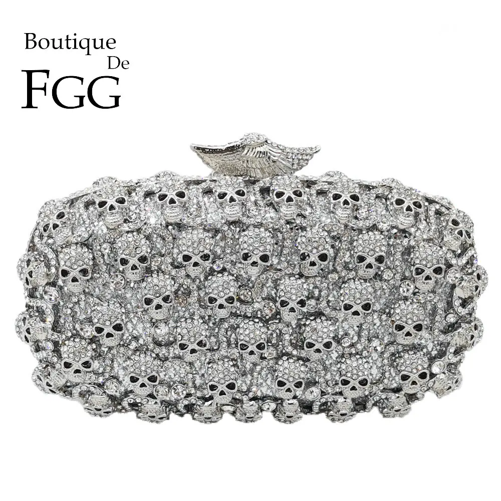 

Boutique De FGG Women Silver Skull Clutch Evening Bags Ladies Crystal Handbags and Purses Wedding Gala Dinner Minaudiere Bag