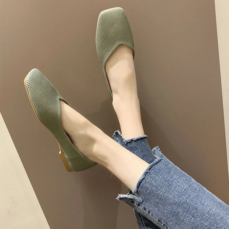 

Stripes Ballet Flats Hot Knitting Square Toe Single Shoes Woman Breathable Soft Sole Moccasins Flats Shallow Candy Color Loafers
