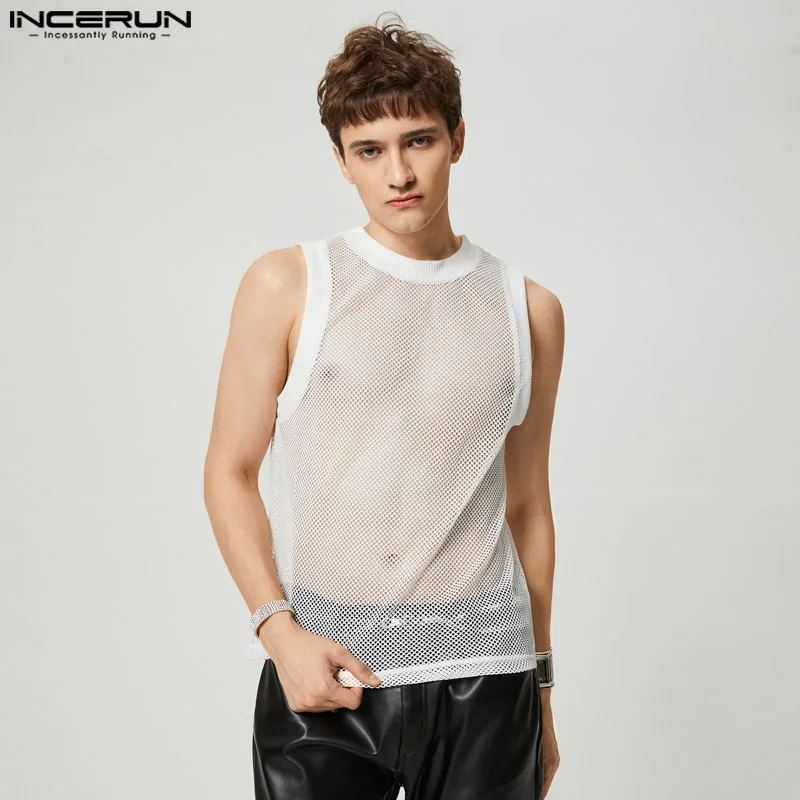 

INCERUN Tops 2023 American Style New Men See-through Mesh Waistcoat Fashion Casual Male Hot Sale Knit Sleeveless Tank Tops S-5XL