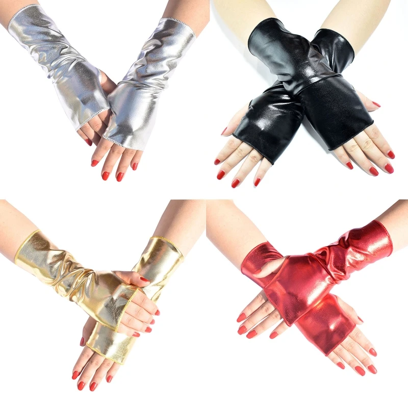 

2023 New Exquisite Gothic Fingerless Dress Up Gloves Punk Gloves Gloss Leather Short Gloves for Halloween Christmas