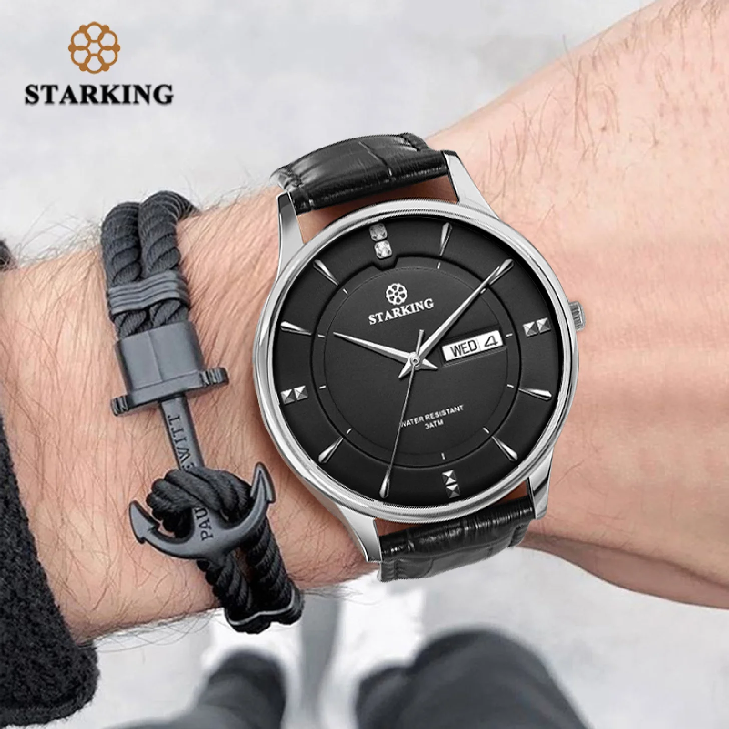 

STARKING Fashion Men Watch Stainless Steel Luxury Quartz Watch Men Casual Slim Dress Waterproof Leather Sapphire Male Wristwatch