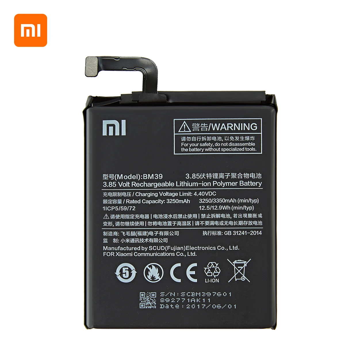 Оригинальный аккумулятор Xiao mi 100% BM39 3350 мАч для Xiaomi 6 Mi Mi6 сменные батареи телефона +