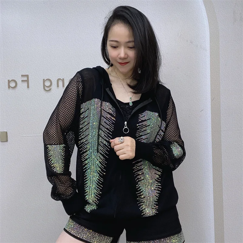 

Women Cardigan Hollowed Out Knitted Jacket Sweater Top Cardigan Sweater Hot Diamond Zipper Cardigan Top Long Sleeve Sweater