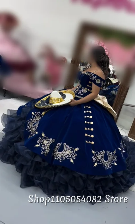 Фото Великолепное темно-синее марокканское платье Quinceanera по индивидуальному заказу, кружевное платье с открытыми плечами и аппликацией, пышный подол со шлейфом, пятинадцать платьев для взрослых №3