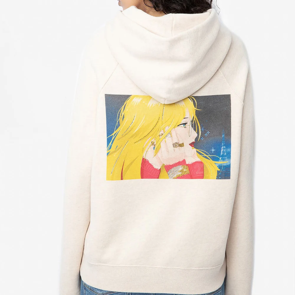 

Rowling Mirror Letter Print Button Fleece Hooded Sweatshirts Women 2023 Long Sleeve Cotton Classic Pullovers Tops