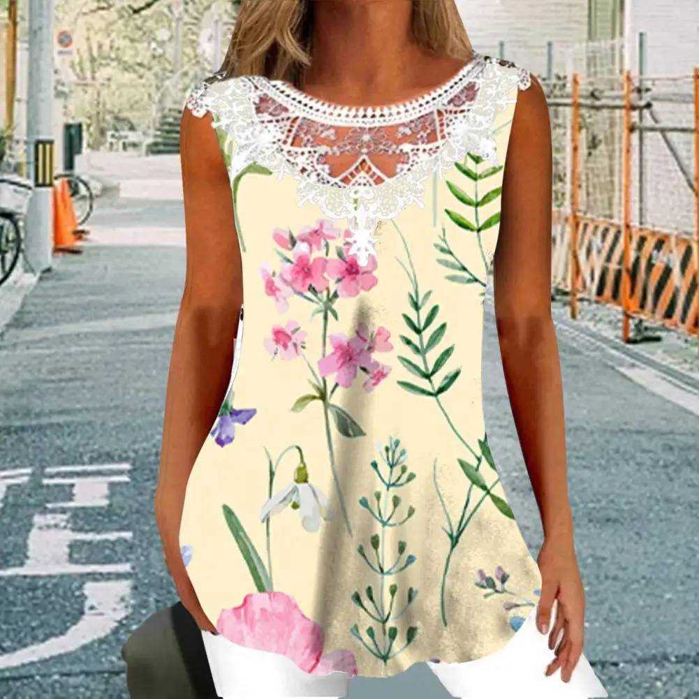 

Women Cotton Blend Top Loose Fit Women Summer Top Flower Print Lace Splicing Women's Sleeveless Blouse Breathable for Summer