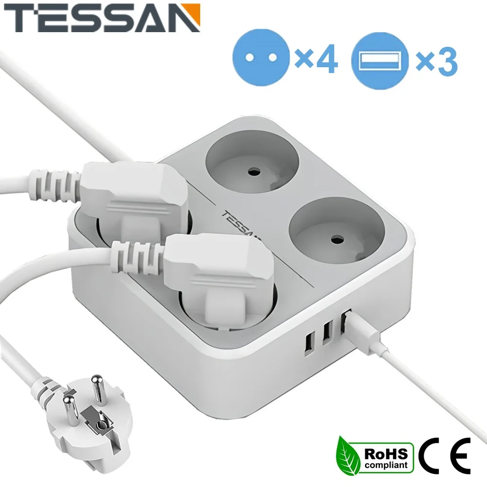 Сетевой удлинитель TESSAN с 4 розетками разветвитель 3 USB-портами 2 м защита от
