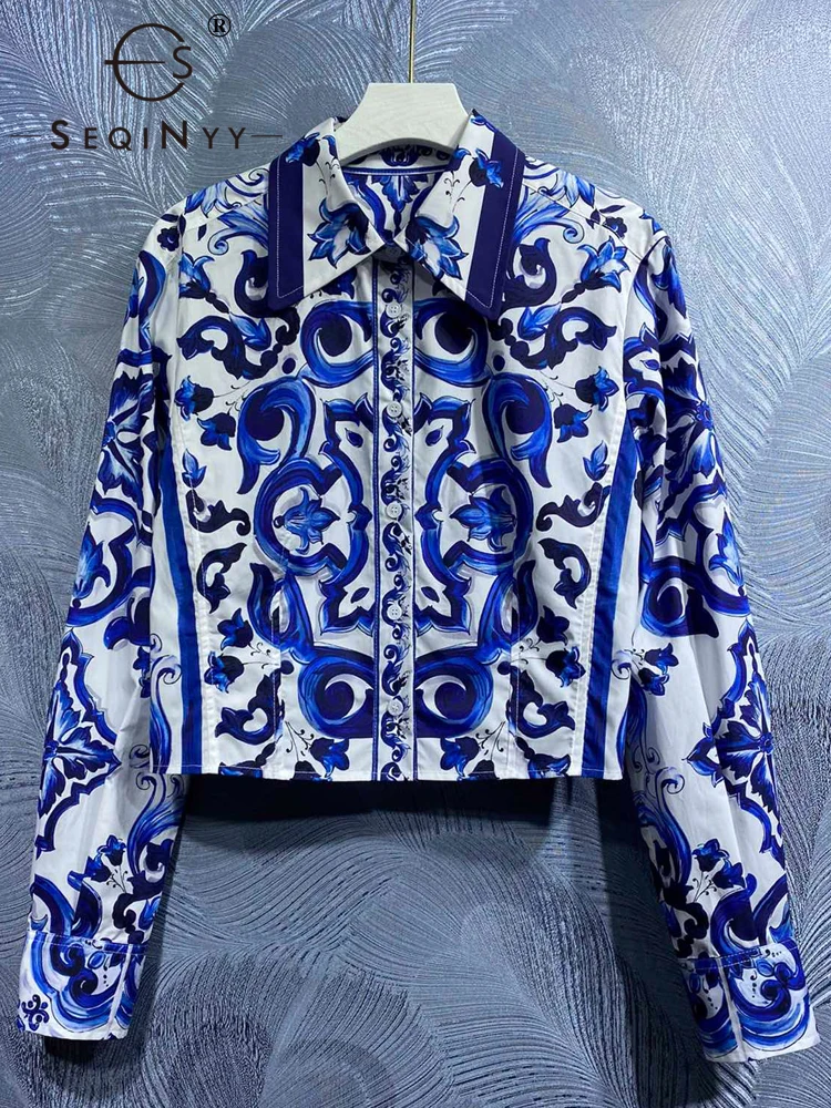 

SEQINYY 100% Cotton Short Jacket Summer Spring New Fashion Design Women Runway High Quality Vintage Blue Flowers Print Sicily