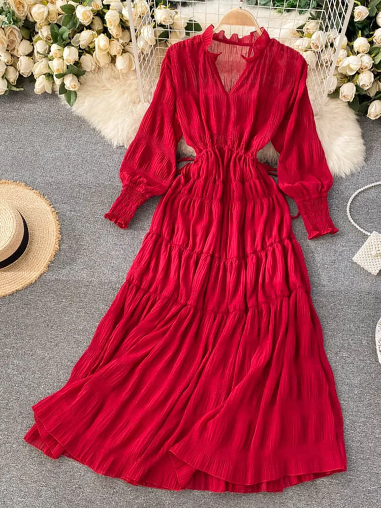 

Новинка весна-лето 2022, богемное курортное платье, женское длинное платье с V-образным вырезом и завязкой на талии, платья для женщин GD649