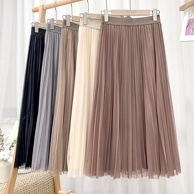 

Women Long Tulle Pleated Skirt Spring Summer Elastic High Waist Womens 2022 Elegant Mesh Midi Skirts Clothes Faldas Ropa Mujer
