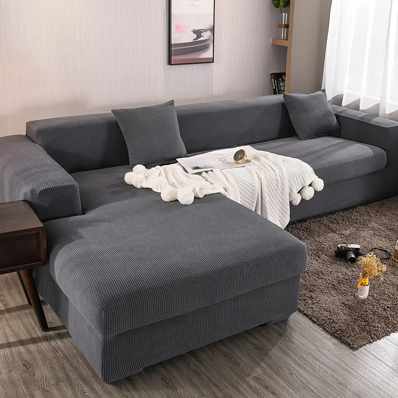 

Elastic Sofa Covers for Living Room Knitted Corn Grid Fabric Corner Sofa Slipcovers L Shape Solid Color Sofa Protector Cover