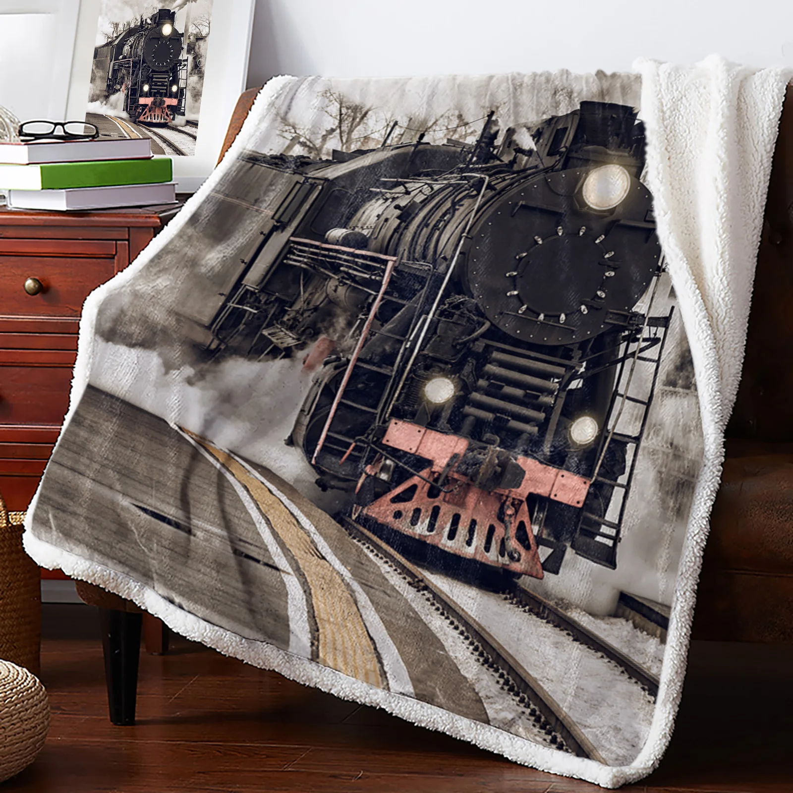 

Blanket Warm Cashmere Blanket Office Sofa Supplies Retro Steam Train Fleece Blankets for Beds