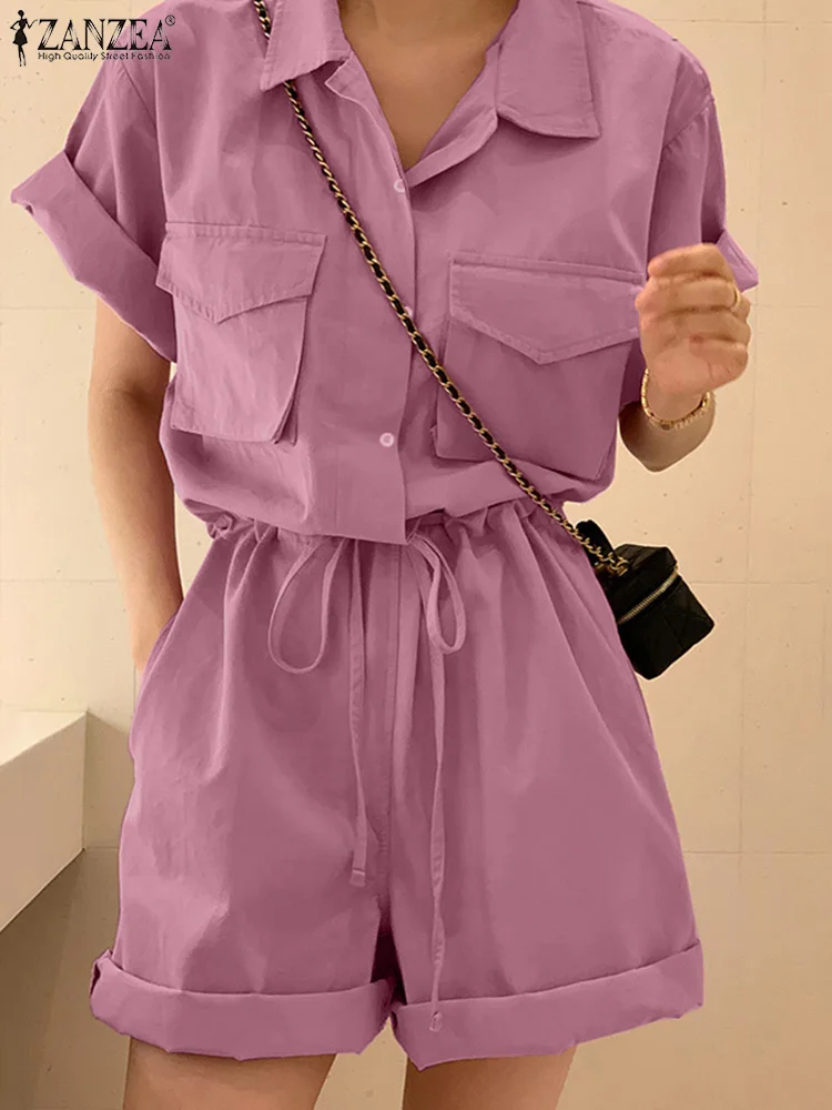 

Oversized Fashion OL 2022 ZANZEA Turn-down Collar Short Sleeve Loose Cuffed Jumpsuit Drawstring Playsuit Women Overalls Rompers