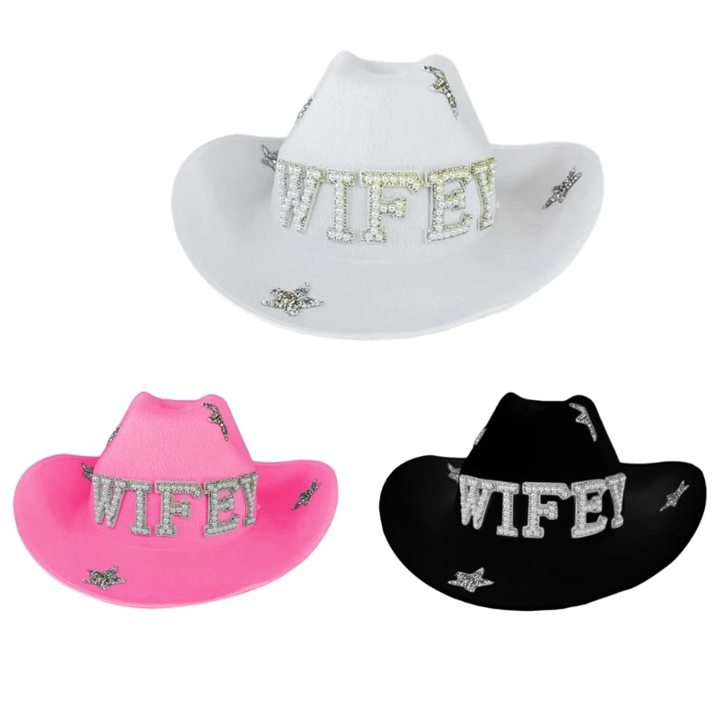 

Woman Hat Multi-color Elegant Cowgirl Hat WIFEY Wedding Party Photo Costume Prop