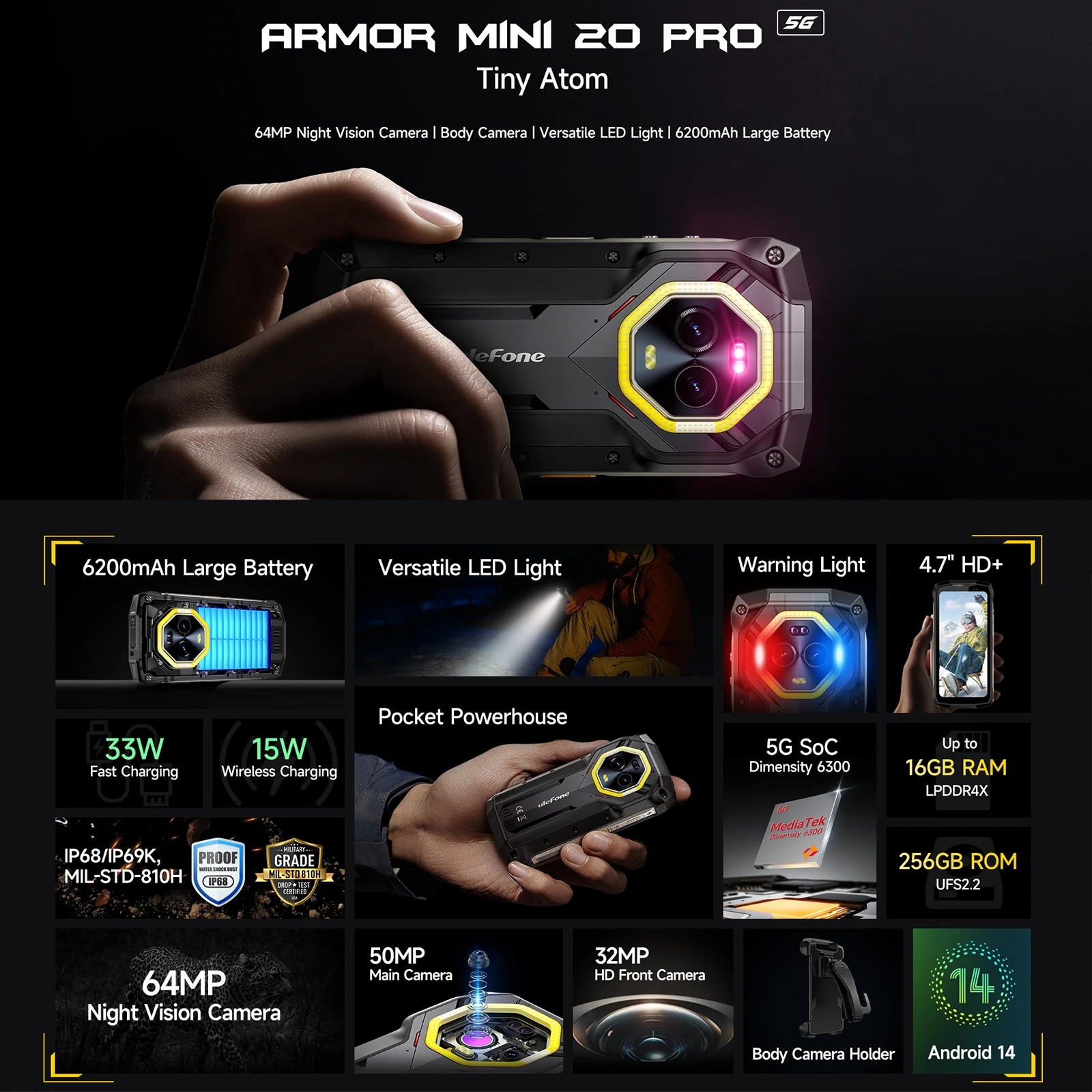 Ulefone Armor Mini 20 Pro 5G прочный смартфон 4.7&quot 64MP ночная камера 8GB+256GB 6200mAh аккумулятор Android