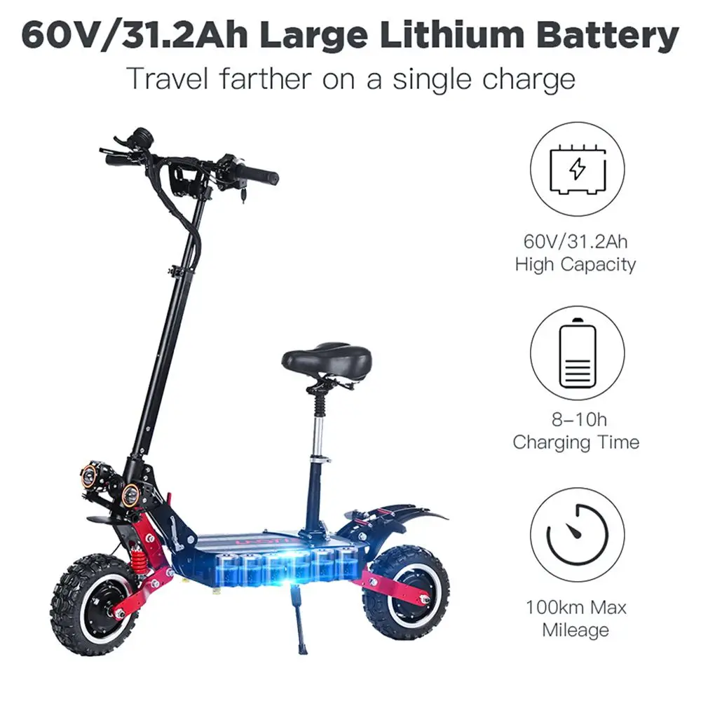 

11inch Electric Scooter Pneumatic Off-road Wide Tires 60V 31.2Ah 2800W*2 Dual Motor Foldable Electric Scooter With Saddle 85Km/h