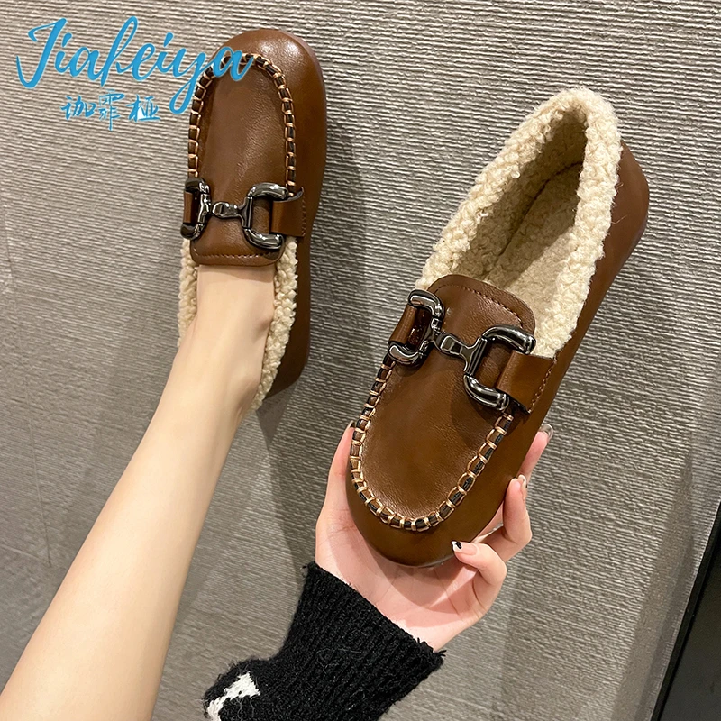 

2022 Ladies New Mary Jane Women's Shoes Soft, Comfortable, Thick, Warm, Brown, Black, Metal Decorative Ladies Flat Shoes