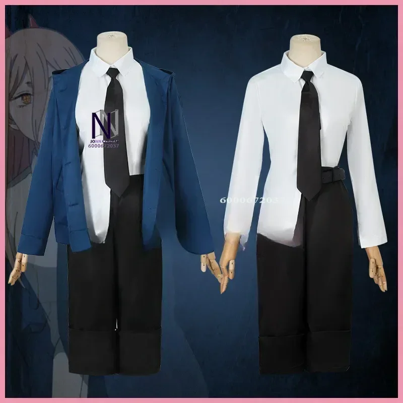 Аниме Power Косплей Костюм Бензопила Мужские наряды Синий костюм Рубашка Галстук