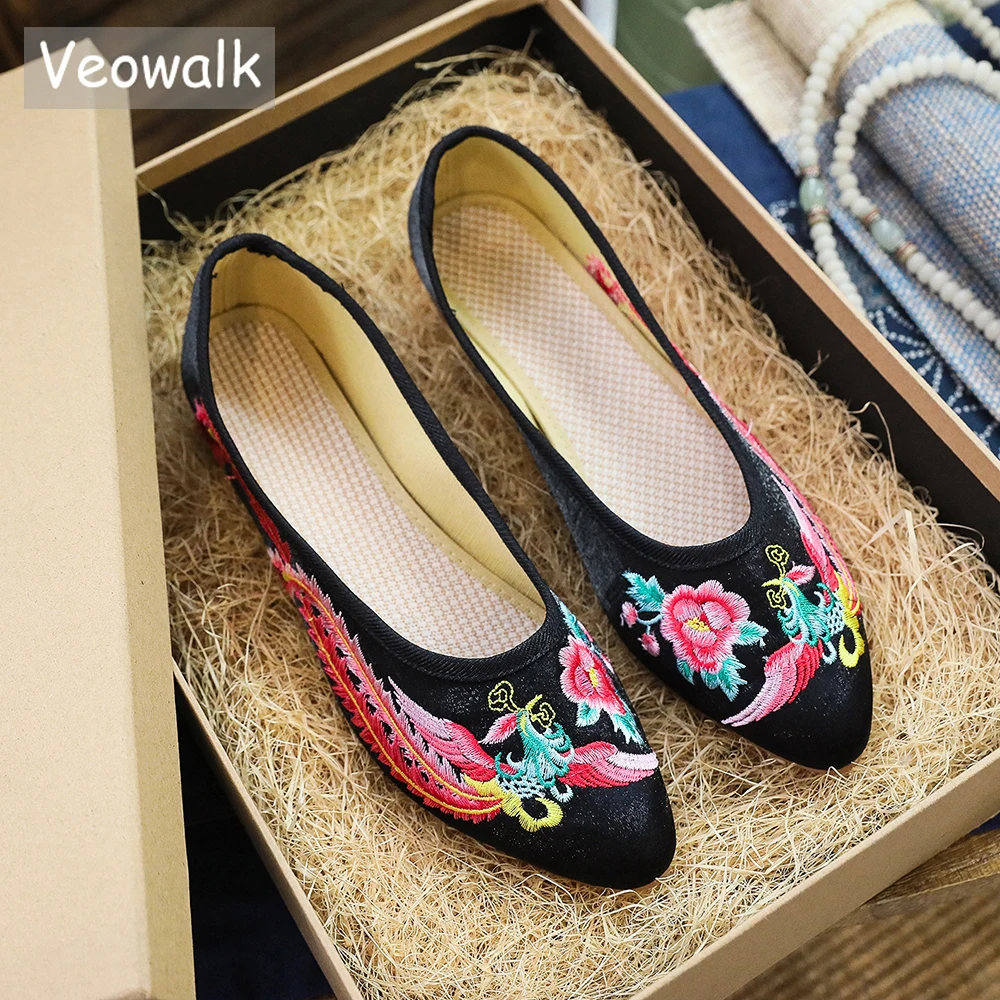 Женские бархатные балетки Veowalk с вышивкой Феникс хлопковые на плоской подошве