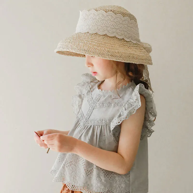 

deer jonmi 2023 Summer Korean Style Baby Girls Princess Outfits Lace Hollow Out Shirts Layered Shorts 2pcs Children Cute Sets